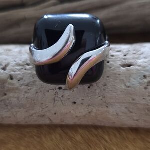 Black Polished Onyx and 925 Silver Statement Ring SZ 7 Signed FAC